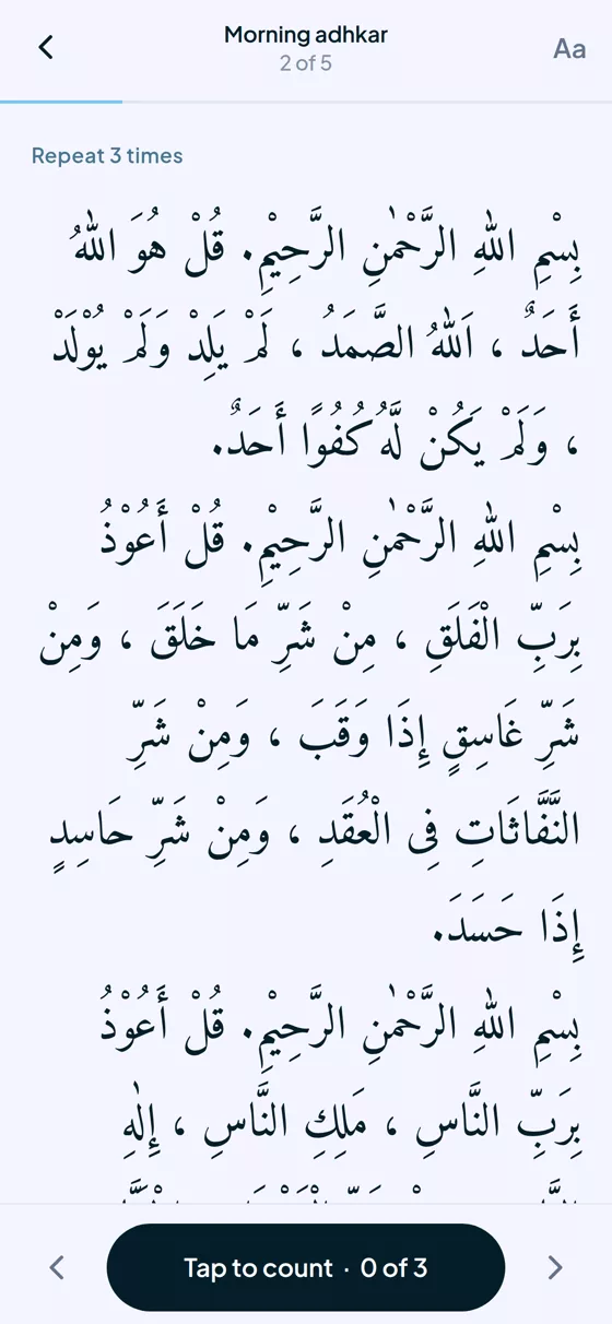 The adhkar reader with Arabic, transliteration and a counter