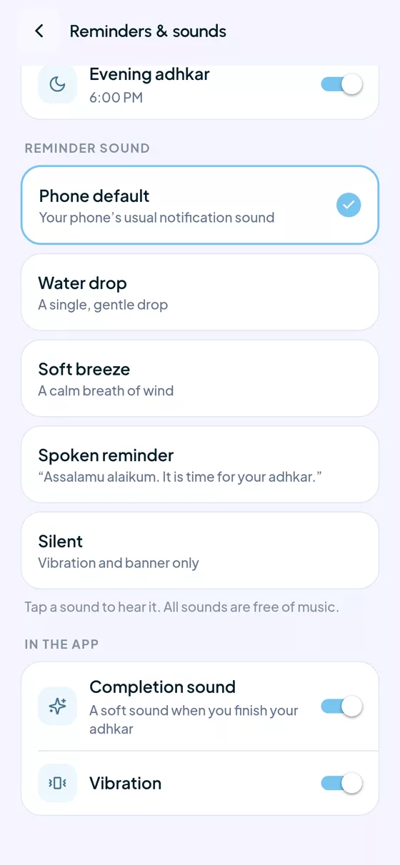 Reminder sound choices